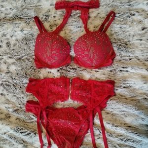 3 Piece Victoria's Secret Lingerie Set - Push up Bra, Garter Belt, and Panties